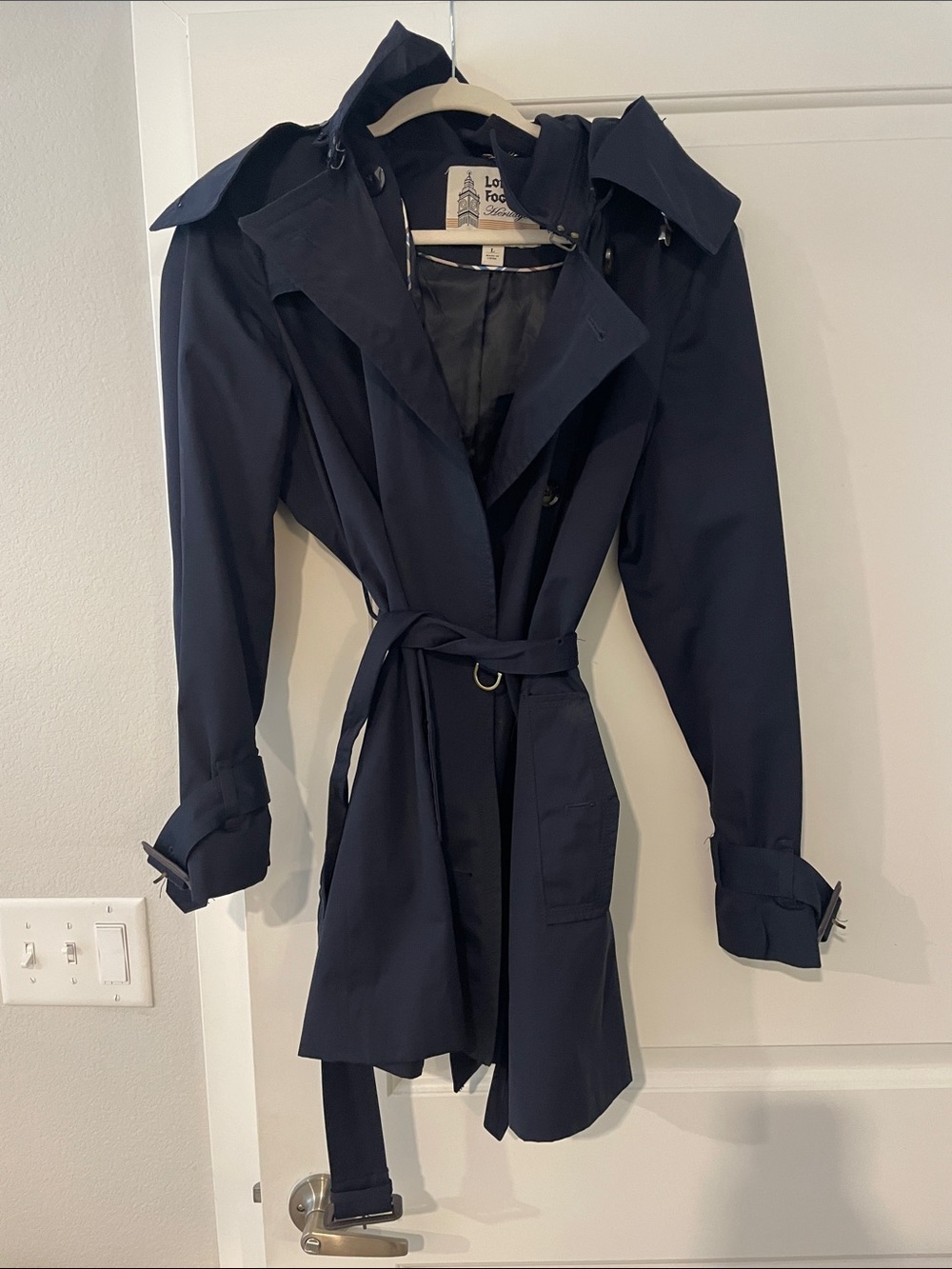 London Fog Navy Trench Coat with Belt and Removable Hood